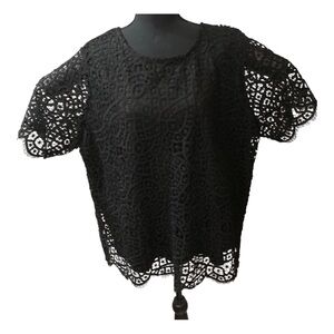 Philosophy Women Top XXL Black Paisley Lace Crochet Scallop SS Hem Lined Mature